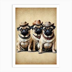 Three Pugs In Cowboy Hats Art Print