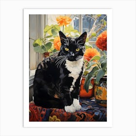 Contemporary Floral Cat On Windowsill 2 Art Print