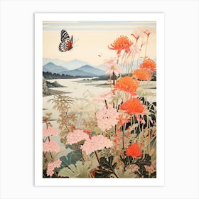 Butterfly With Flowers Japanese Style Painting 1 Art Print