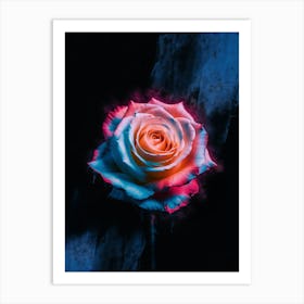 White Neon Rose In The Dark Art Print