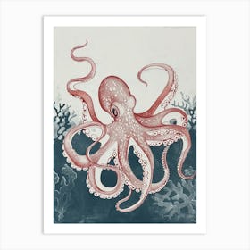 Red Octopus Linocut On The Ocean Floor Linocut Inspired 3 Art Print