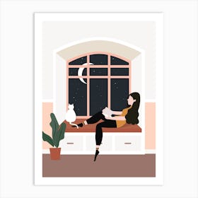 Girl Reading at Night Art Print