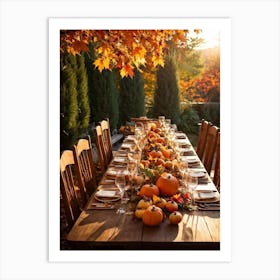 An Autumnal Thanksgiving Dinner Setting Where The Wooden Table Basks Under Golden Afternoon Sun A (1) Art Print