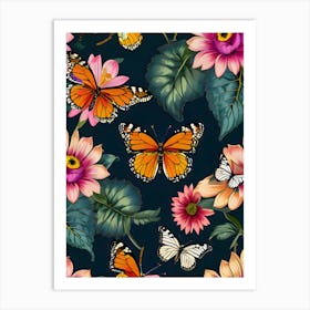 Seamless Pattern With Butterflies And Flowers 14 Art Print