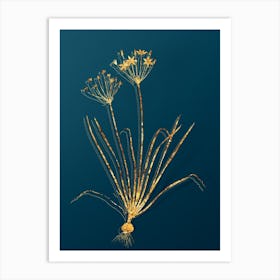 Vintage Allium Straitum Botanical in Gold on Teal Blue Art Print