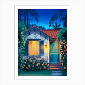 Anime Canvas Art: Cozy Tropical House with Glowing Window, Red-Tiled Roof, and Dense Jungle, Perfect for Lofi Aesthetic and Tranquil Nature Lovers. Art Print