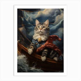 Cat On Medieval Boat Rococo Style 1 Art Print