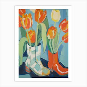 Painting Of Tulips Flowers And Cowboy Boots, Oil Style 1 Art Print