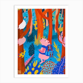 Backpacking Pink Capybara In Forgotten Forest Art Print