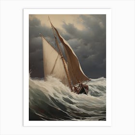 Sailboat On Stormy Sea Painting Art Print