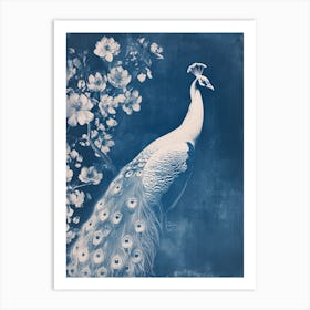 Floral White & Blue Peacock 3 Art Print