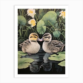 Ducklings With The Water Lilies Japanese Woodblock Style  7 Art Print