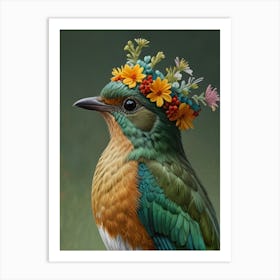 Bird With Flower Crown European Robin 2 Art Print