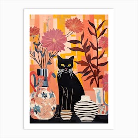 Lotus Flower Vase And A Cat, A Painting In The Style Of Matisse 0 Art Print