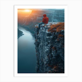 Man Sitting On Cliff At Sunset Art Print