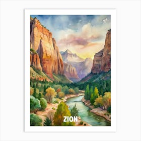 Zion National Park Watercolor Painting Art Print