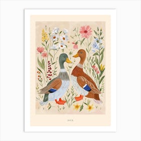 Folksy Floral Animal Drawing Duck 2 Poster Art Print