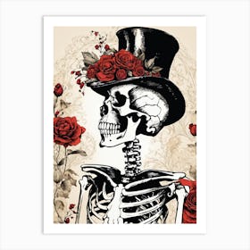 Floral Skeleton With Hat Ink Painting (74) Art Print