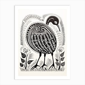 B&W Bird Linocut Kiwi 5 Art Print