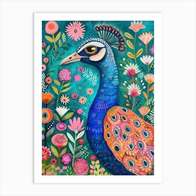 Floral Peacock Portrait Illustration 2 Art Print