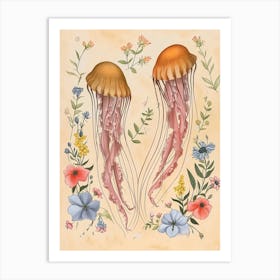 Folksy Floral Animal Drawing Jellyfish 4 Art Print