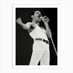 Freddie Mercury Of Queen Performs On Stage At Live Aid At Wembley Stadium Art Print