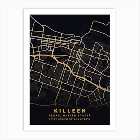 Killeen Texas USA Black And Gold Map Art Print