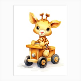 Baby Giraffe On Toy Car, Watercolour Nursery 3 Art Print