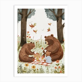 Brown Bear Family Picnicking In The Woods Storybook Illustration 4 Art Print