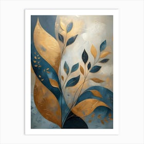 Blue And Gold Leaves 5 Art Print