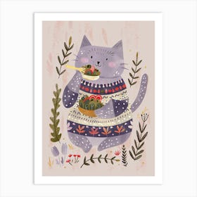 Cute Cat Eating Salad Folk Illustration 2 Art Print