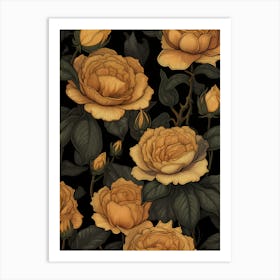 Yellow Roses On Black Background Art Print