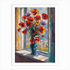 Poppies in a Vase by the Window in the Style of Matisse, Vibrant Colorful Oil Painting For Feature Wall Decor High Resolution Beautiful 1 Art Print