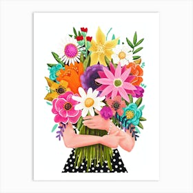 Woman Holding a Colorful Bouquet of Flowers Illustration on a White Background Art Print