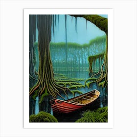 Boat Canoe Swamp Bayou Roots Moss Log Nature Scene Landscape Water Lake Setting Abandoned Rowboat Fishing Hole Peaceful Quiet Art Print