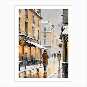 Paris cafes, winter season, Christmas, autumn oil colors, pale colors, pedestrians in the street, winter clothes, falling snow.Christmas decorations.7 Art Print