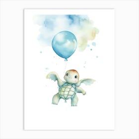 Baby Turtle Flying With Ballons, Watercolour Nursery Art 4 Art Print