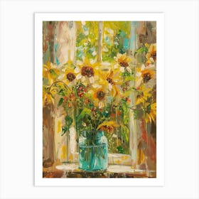 Sunflower Flowers On A Cottage Window 1 Art Print