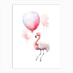Baby Flamingo Flying With Ballons, Watercolour Nursery Art 4 Art Print