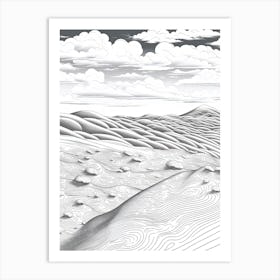 Tottori Sand Dunes In Tottori, Ukiyo E Black And White Line Art Drawing 1 Art Print