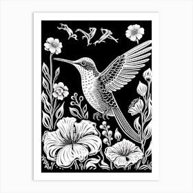 B&W Bird Linocut Hummingbird 2 Art Print