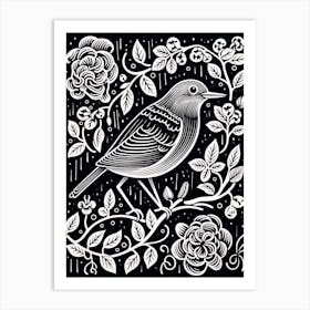 B&W Bird Linocut European Robin 1 Art Print