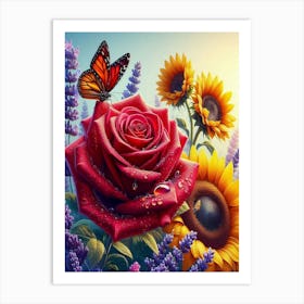 Roses And Sunflowers Art Print