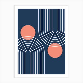 Mid Century Modern Geometric In Navy Blue And Coral (Rainbow And Sun Abstract) 01 Art Print