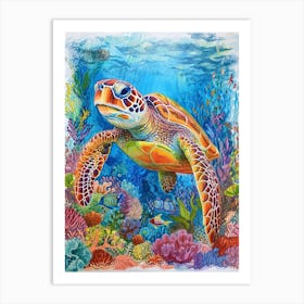 Colourful Sea Turtle On The Magical Ocean Floor Pencil Illustration Art Print