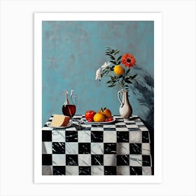 Checkerboard Of Cheese Wine Fruit & Flowers Art Print