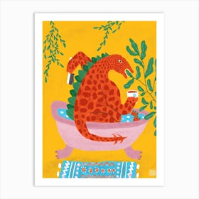 Orange Dinosaur Drinking Tea In A Bathtub Art Print