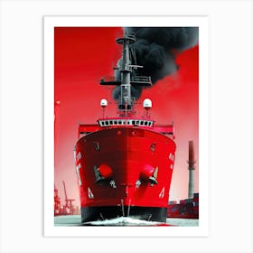 Red Ship With Smoke Coming Out Of It Art Print