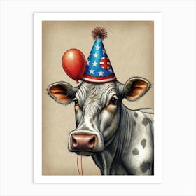 Cow With American Flag Hat Art Print