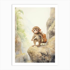 Monkey Painting Hiking Watercolour 4 Art Print